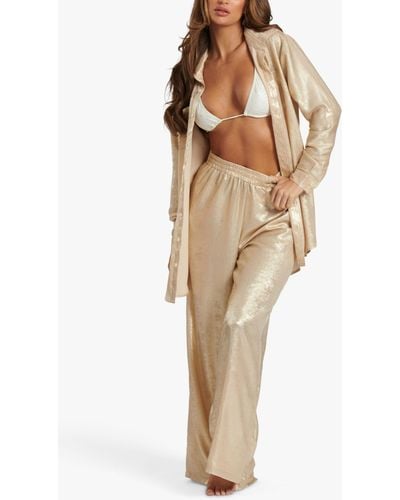 South Beach Metallic Foil Wide Leg Trousers - Natural