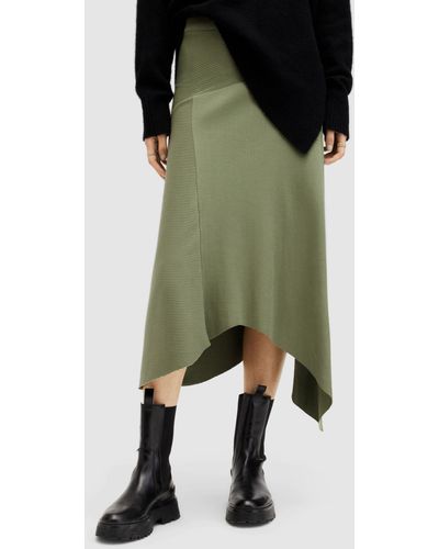 AllSaints Gia Asymmetric Ribbed Midi Skirt - Green