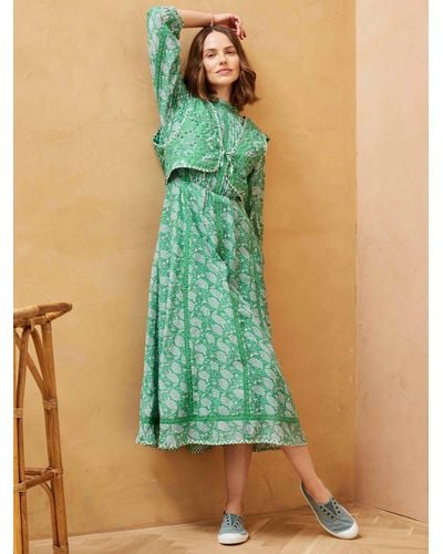 Brora Silk Cotton Blend Fan Print Midi Dress & Quilted Gilet - Green