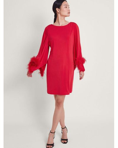 Monsoon Feather Trim Tunic Dress - Red