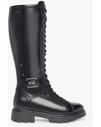 Nero Giardini Full Lace Up Knee High Leather Biker Boots - Black