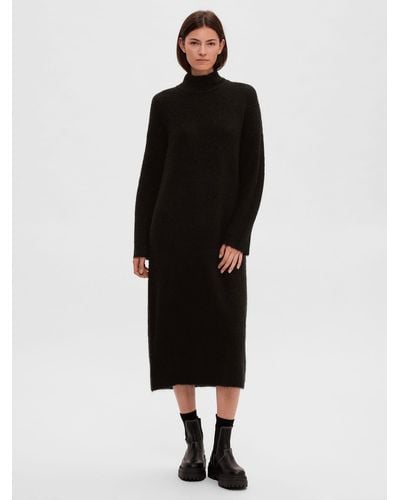 SELECTED Wool Blend High Neck Midi Jumper Dress - Black