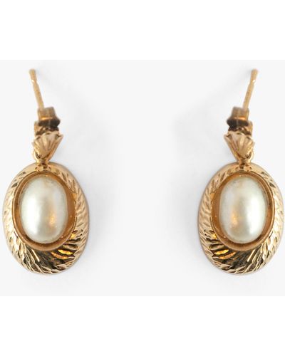 L & T Heirlooms Second Hand 9ct Yellow Gold Oval Pearl Drop Earrings - Metallic