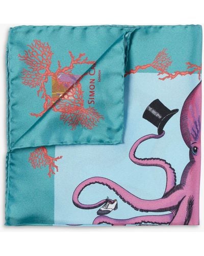 Simon Carter Italian Silk Octopus Print Pocket Square - Blue