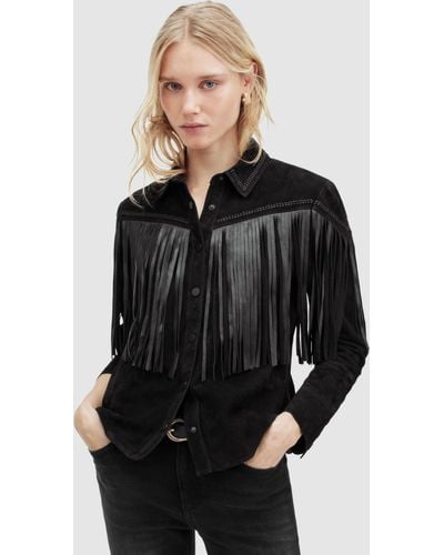 AllSaints Cleo Leather Fringe Western Jacket - Black