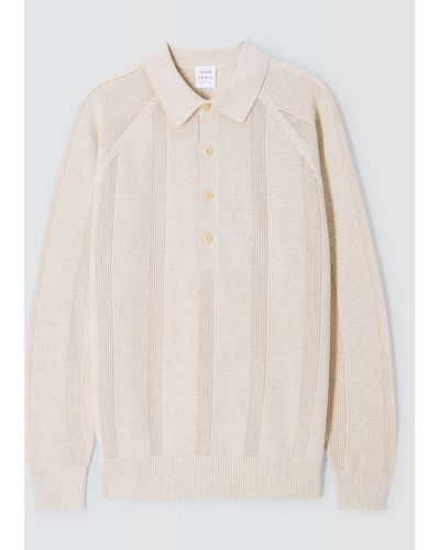 John Lewis Long Sleeve Cotton Textured Knit Polo - Natural