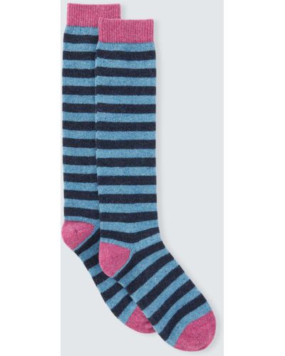 John Lewis Striped Wool Silk Blend Knee High Socks - Blue
