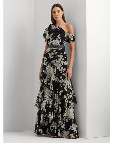 Ralph Lauren Lauren Kanerite Asymmetric Floral Dress - Black