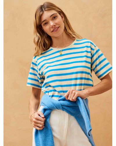 Brora Cotton Linen Blend Breton Stripe T-shirt - Blue