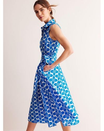 Boden Amy Floral Tile Print Sleeveless Midi Shirt Dress - Blue