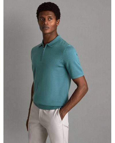 Reiss Maxwell Merino Zip Neck Polo Shirt - Blue