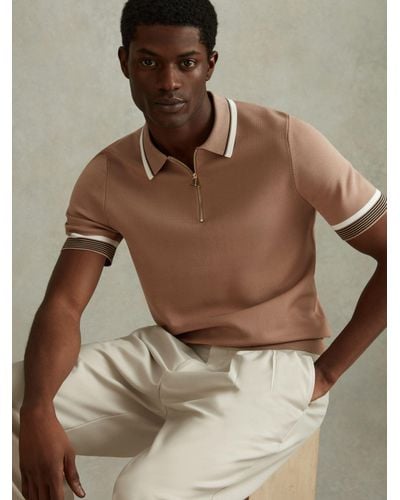 Reiss Chelsea Short Sleeve Tipped Half Zip Polo Top - Natural