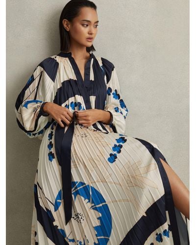 Reiss Daiya - Blue Printed Pleated Maxi Dress