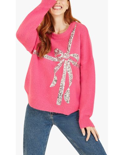 Yumi' Large Sequin Bow Knitted Jumper - Red