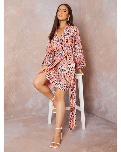 Chi Chi London Abstract Print Long Sleeve Wrap Knee Length Dress - Pink