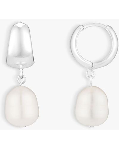 Orelia Domed Freshwater Pearl Drop Huggie Hoop Earrings - Natural