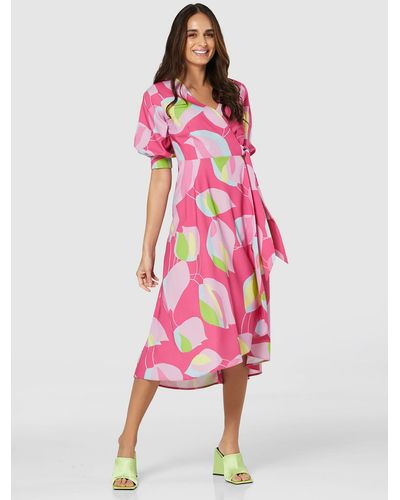 Closet Floral Puff Sleeve Wrap Midi Dress - Pink