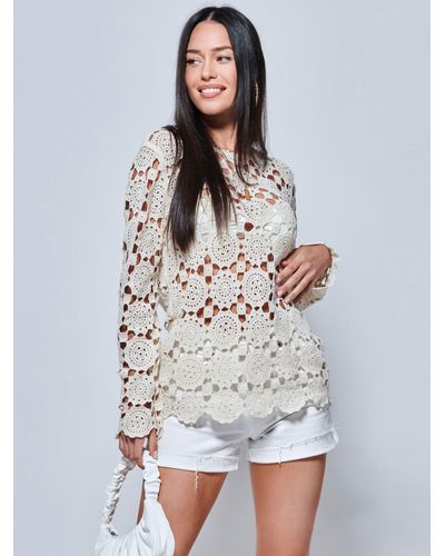 Jolie Moi Crochet Knit Long Sleeve Top - White