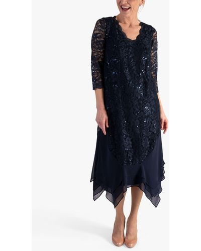 Chesca Sequin Lace Chiffon Trim Midi Dress - Blue
