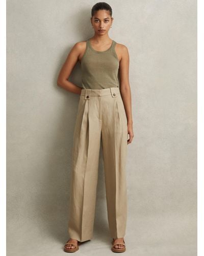 Reiss Leila - Light Khaki Linen Front Pleat Trousers - Natural