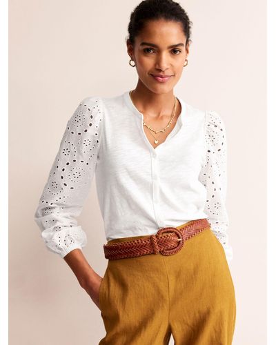 Boden Marina Broderie Sleeve Button Blouse - White