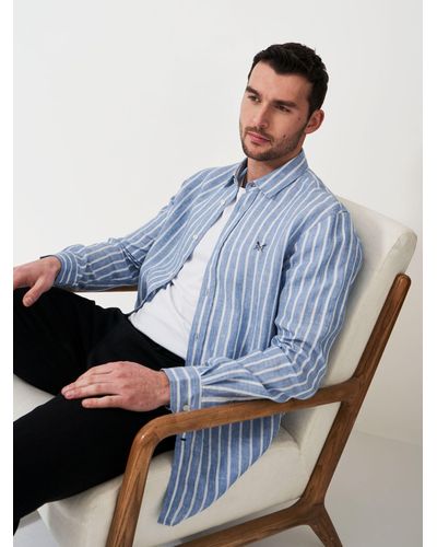 Crew Miles Stripe Long Sleeve Linen Shirt - Blue