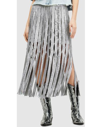 AllSaints Francesca Sequin Fringe Midi Skirt - Grey