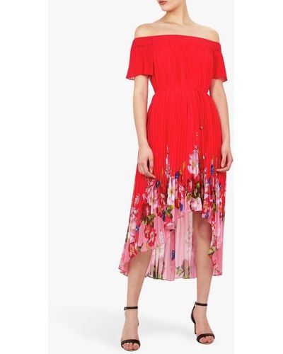 Ted Baker Berry Sundae Bardot Floral Off-the-shoulder Pleated High-low Dress - Red