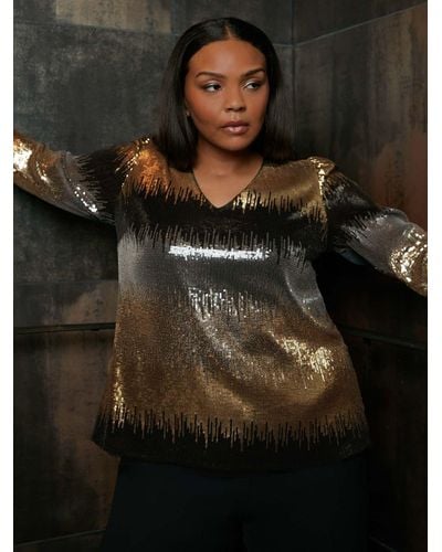 Live Unlimited Curve Ombre Sequin Puff Sleeve Top - Brown