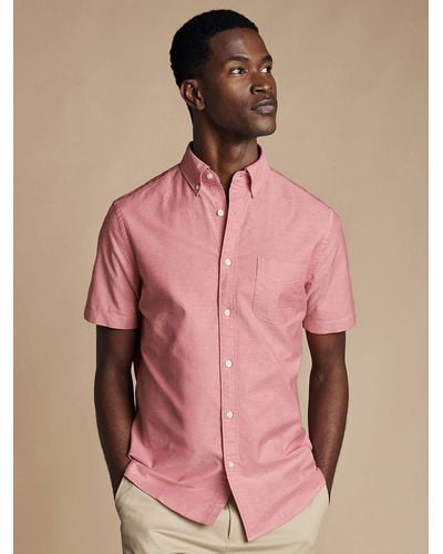 Charles Tyrwhitt Plain Short Sleeve Button Down Stretch Washed Oxford Shirt - Pink