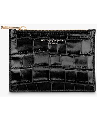 Aspinal of London Essential Deep Shine Croc Leather Small Flat Pouch - Black