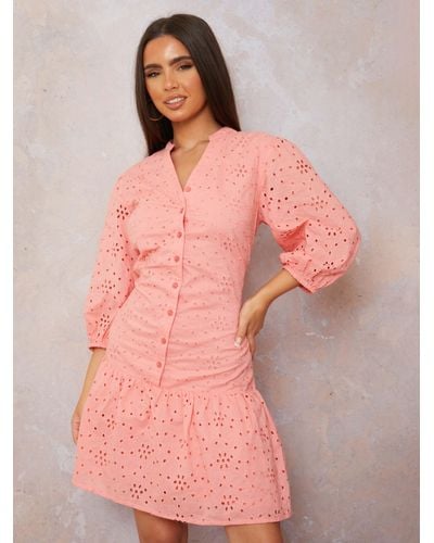Chi Chi London Broderie Anglaise Shirt Dress - Pink