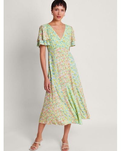 Monsoon Tatum Floral Print Midi Tea Dress - Green
