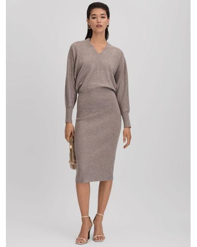 Reiss Petite Cashmere Blend V-neck Knitted Midi Dress - Grey