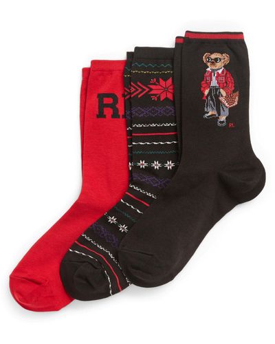 Ralph Lauren Bear Fair Isle Crew Socks Gift Set - Red