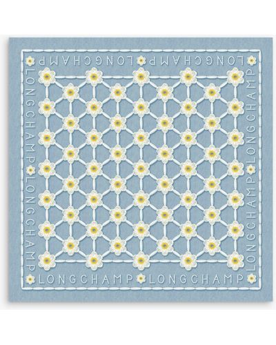 Longchamp Graphic Embroidered Daisy Print Silk Square Scarf - Blue