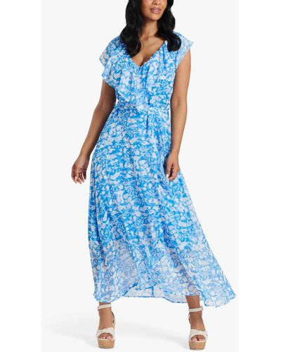 South Beach Chiffon Print Frill Neck Midi Dress - Blue