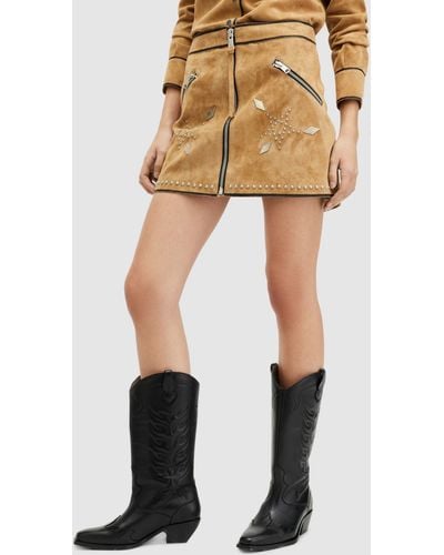 AllSaints Karlson Embellished Mini Leather Skirt - Natural