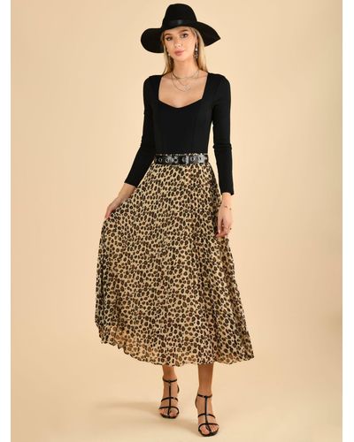 Jolie Moi Saige Animal Print Pleated Midi Skirt - Natural