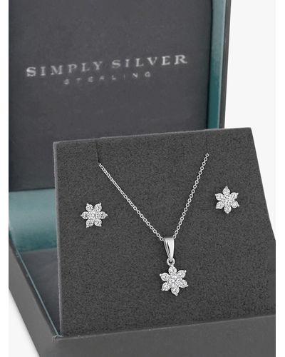 Jon Richard Simply Silver Cubic Zirconia Flower Pendant Necklace And Stud Earrings Jewellery Gift Set - Grey