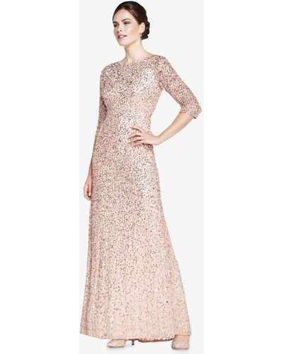 Adrianna Papell Beaded 3/4 Sleeve Mermaid Maxi Dress - Natural