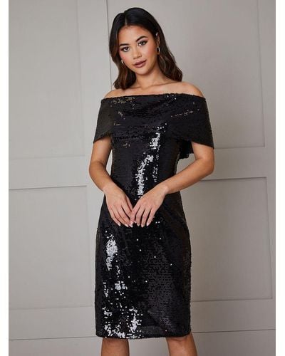 Chi Chi London Sequin Bardot Dress - Black