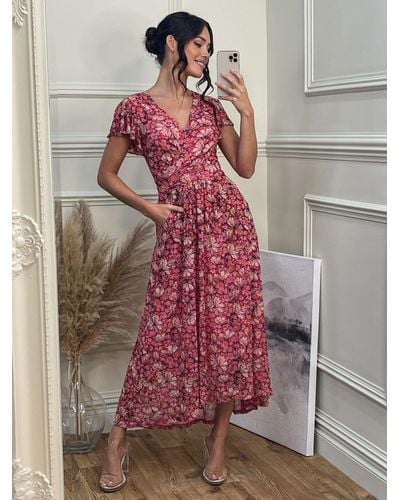 Jolie Moi Mesh Floral Print V-neck Maxi Dress - Grey