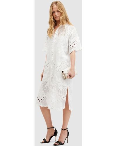 AllSaints Meria Broderie Midi Shirt Dress - White