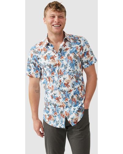 Rodd & Gunn Oyster Cove Printed Cotton Slim Fit Short Sleeve Shirt - Blue