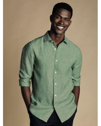 Charles Tyrwhitt Linen Short Sleeve Slim Fit Shirt - Green