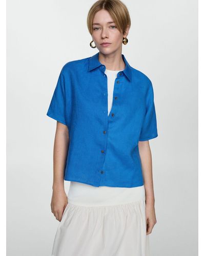 Mango Linen Boxy Short Sleeve Shirt - Blue