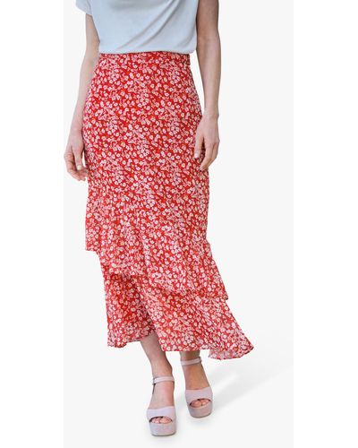 Pure Collection Frill Hem Ditsy Floral Print Skirt - Red