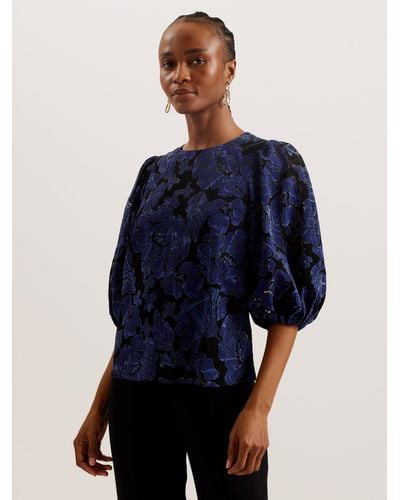 Ted Baker Arpy Textured Floral Print Balloon Sleeve Top - Blue