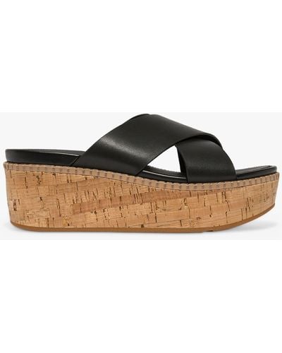 Fitflop Eloise Cross Leather Strap Cork Wedge Mules - Black